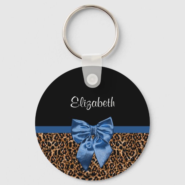 Stylish Leopard Print Elegant Blue Bow and Name Keychain (Front)