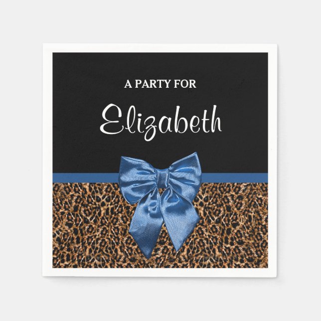Stylish Leopard Print Elegant Blue Bow and Name Napkins (Front)