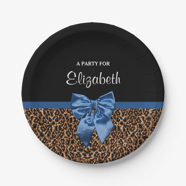 Stylish Leopard Print Elegant Blue Bow and Name Paper Plates (Front)
