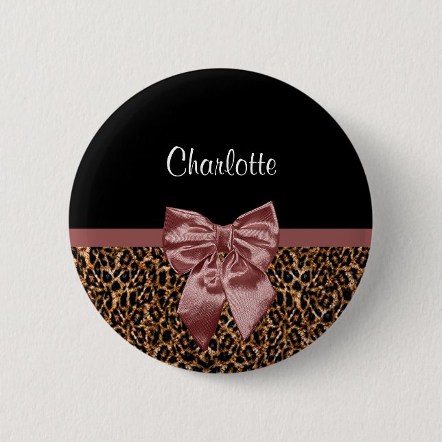 Stylish Leopard Print Elegant Brown Bow and Name Button (Front)