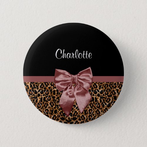 Stylish Leopard Print Elegant Brown Bow and Name Button