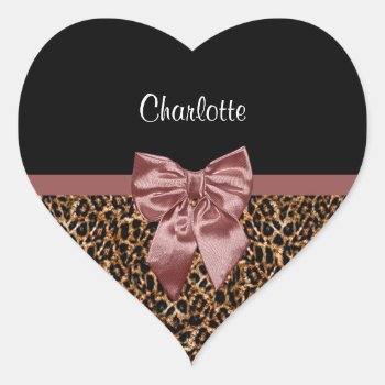 Stylish Leopard Print Elegant Brown Bow And Name Heart Sticker by ohsogirly at Zazzle
