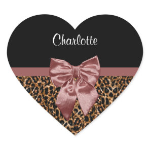 Stylish Leopard Print Elegant Brown Bow and Name Heart Sticker