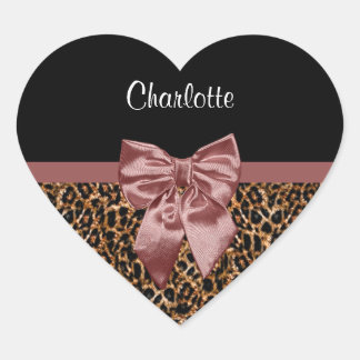 Stylish Leopard Print Elegant Brown Bow and Name Heart Sticker