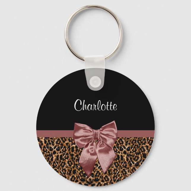 Stylish Leopard Print Elegant Brown Bow and Name Keychain (Front)