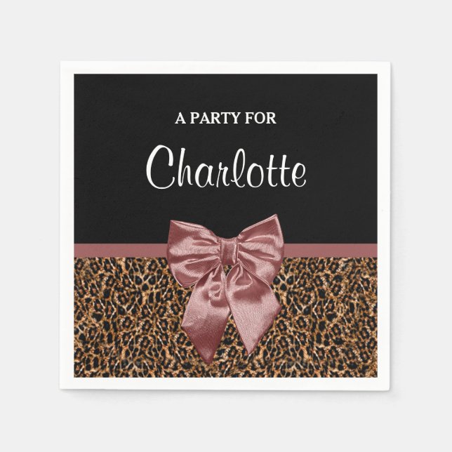 Stylish Leopard Print Elegant Brown Bow and Name Paper Napkins (Front)
