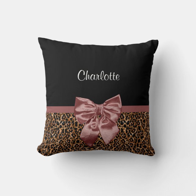 Stylish Leopard Print Elegant Brown Bow and Name Throw Pillow (Front)