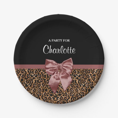 Stylish Leopard Print Elegant Brown Bow Party Name Paper Plates