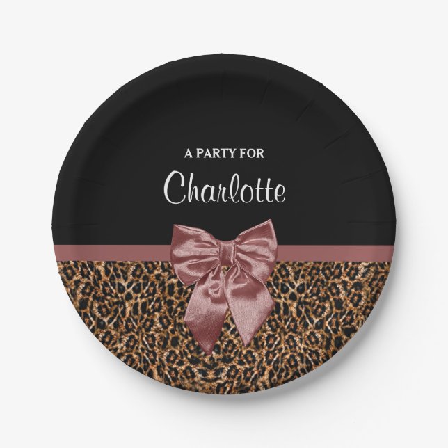 Stylish Leopard Print Elegant Brown Bow Party Name Paper Plates (Front)