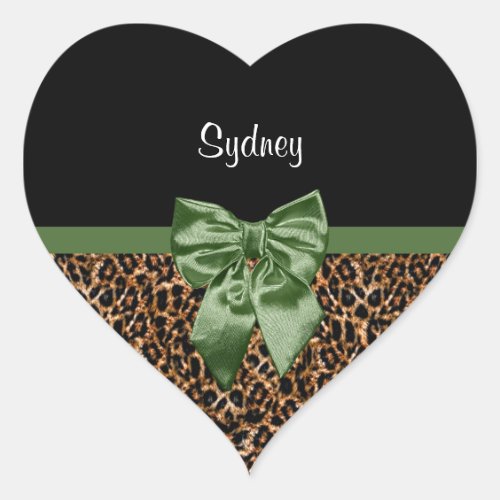 Stylish Leopard Print Elegant Green Bow and Name Heart Sticker