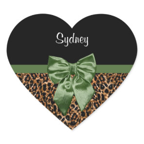 Stylish Leopard Print Elegant Green Bow and Name Heart Sticker