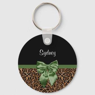 Stylish Leopard Print Elegant Green Bow and Name Keychain