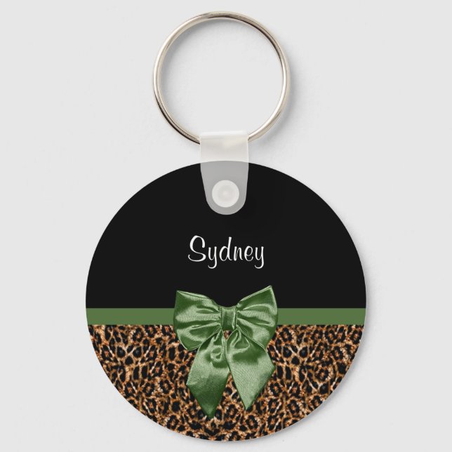 Stylish Leopard Print Elegant Green Bow and Name Keychain (Front)