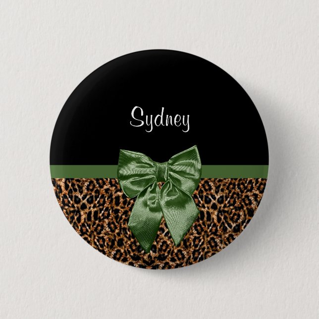Stylish Leopard Print Elegant Green Bow and Name Pinback Button (Front)