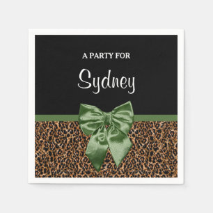 Stylish Leopard Print Elegant Green Bow Party Name Napkins