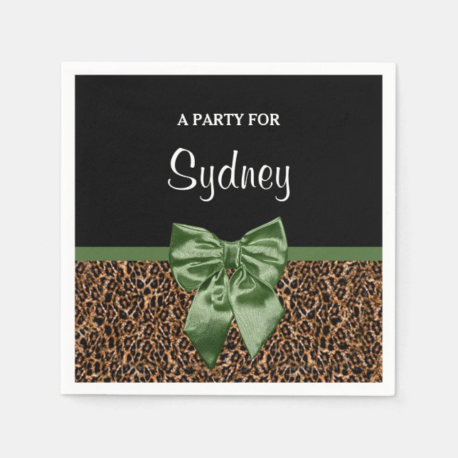 Stylish Leopard Print Elegant Green Bow Party Name Napkins (Front)