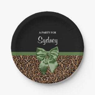 Stylish Leopard Print Elegant Green Bow Party Name Paper Plates