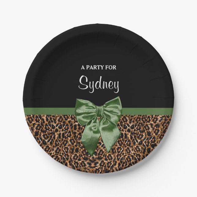 Stylish Leopard Print Elegant Green Bow Party Name Paper Plates (Front)