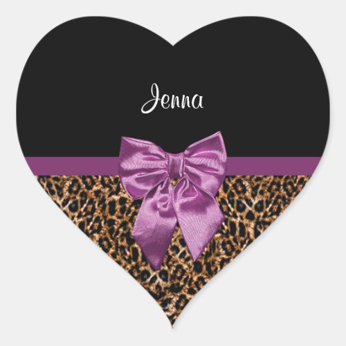 Stylish Leopard Print Elegant Purple Bow and Name Heart Sticker