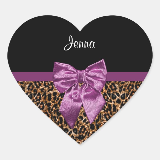 Stylish Leopard Print Elegant Purple Bow and Name Heart Sticker (Front)