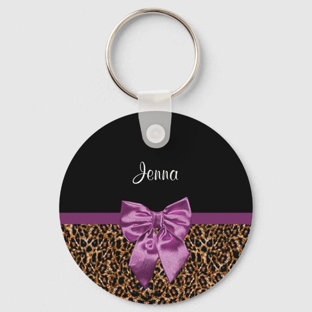 Stylish Leopard Print Elegant Purple Bow and Name Keychain (Front)