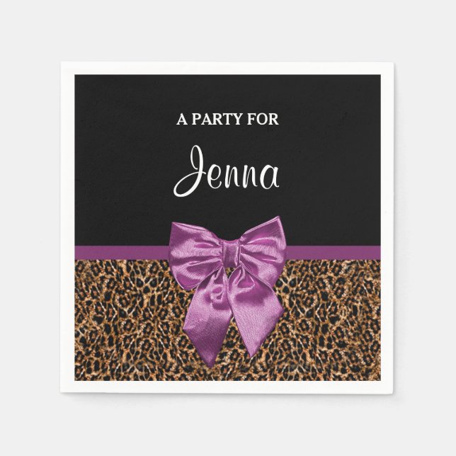 Stylish Leopard Print Elegant Purple Bow and Name Paper Napkins (Front)