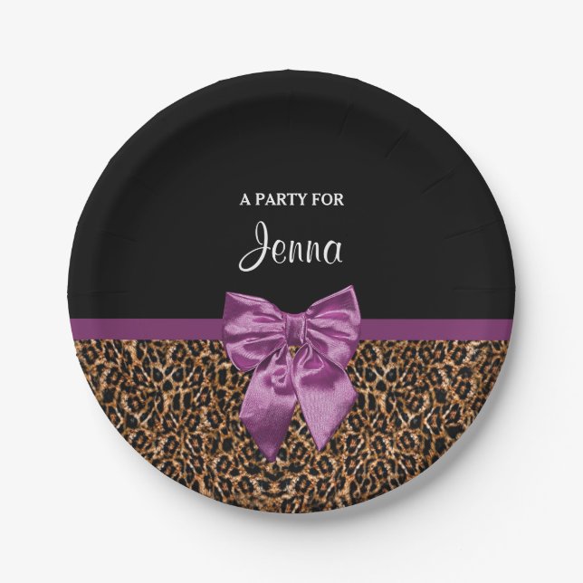 Stylish Leopard Print Elegant Purple Bow and Name Paper Plates (Front)