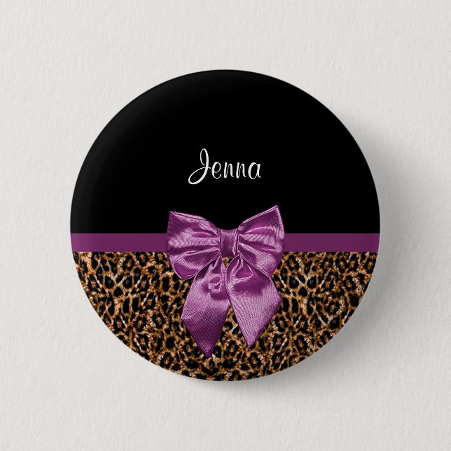 Stylish Leopard Print Elegant Purple Bow and Name Pinback Button (Front)