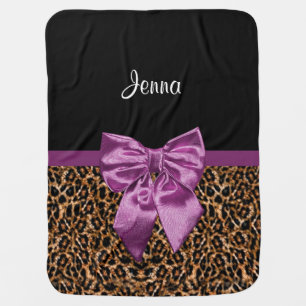 Stylish Leopard Print Elegant Purple Bow and Name Receiving Blanket