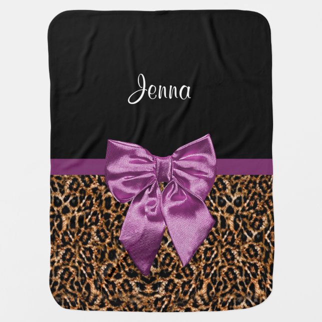 Stylish Leopard Print Elegant Purple Bow and Name Receiving Blanket (Front)