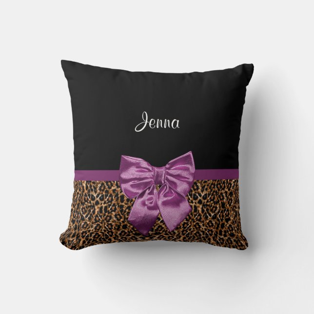 Stylish Leopard Print Elegant Purple Bow and Name Throw Pillow (Front)