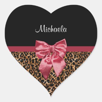 Stylish Leopard Print Elegant Red Bow And Name Heart Sticker by ohsogirly at Zazzle