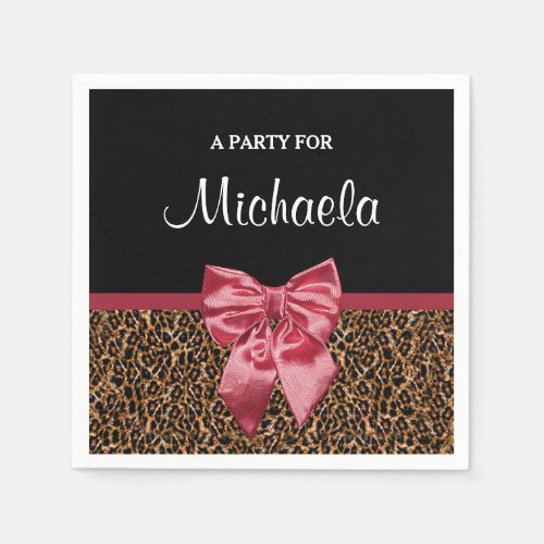 Stylish Leopard Print Elegant Red Bow and Name Paper Napkins