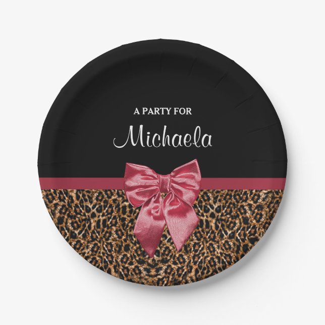 Stylish Leopard Print Elegant Red Bow and Name Paper Plates (Front)