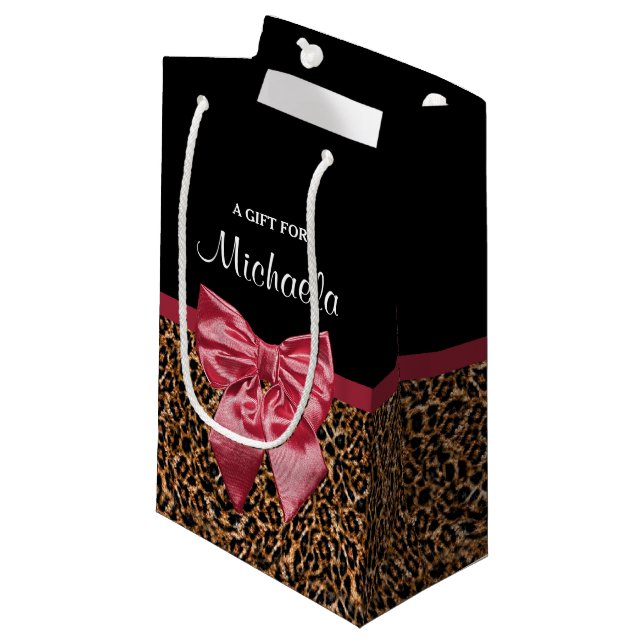 Stylish Leopard Print Elegant Red Bow and Name Small Gift Bag (Front Angled)