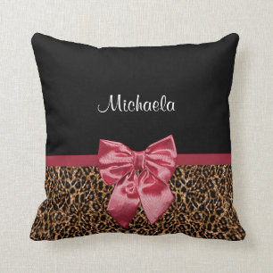 Stylish Leopard Print Elegant Red Bow and Name Throw Pillow