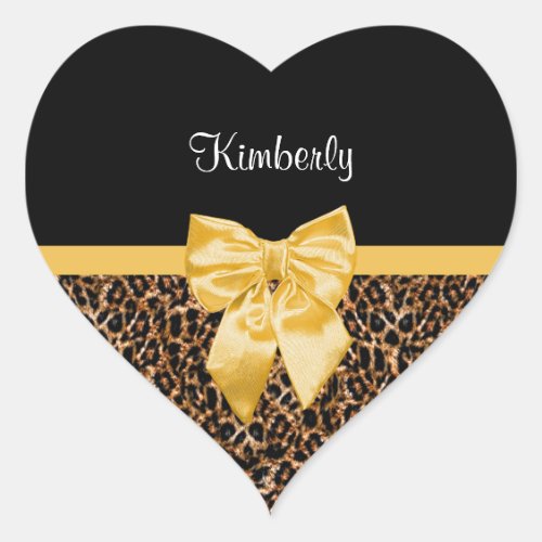 Stylish Leopard Print Elegant Yellow Bow and Name Heart Sticker