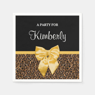 Stylish Leopard Print Elegant Yellow Bow and Name Paper Napkins