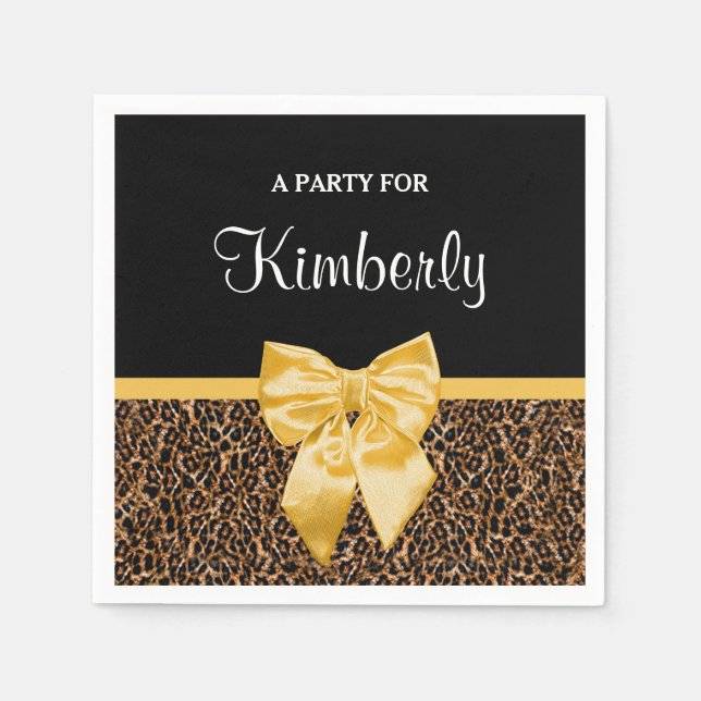 Stylish Leopard Print Elegant Yellow Bow and Name Paper Napkins (Front)