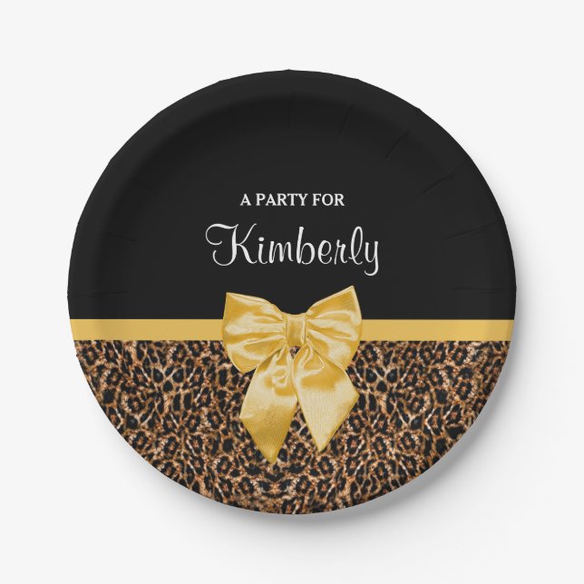 Stylish Leopard Print Elegant Yellow Bow and Name Paper Plates (Front)