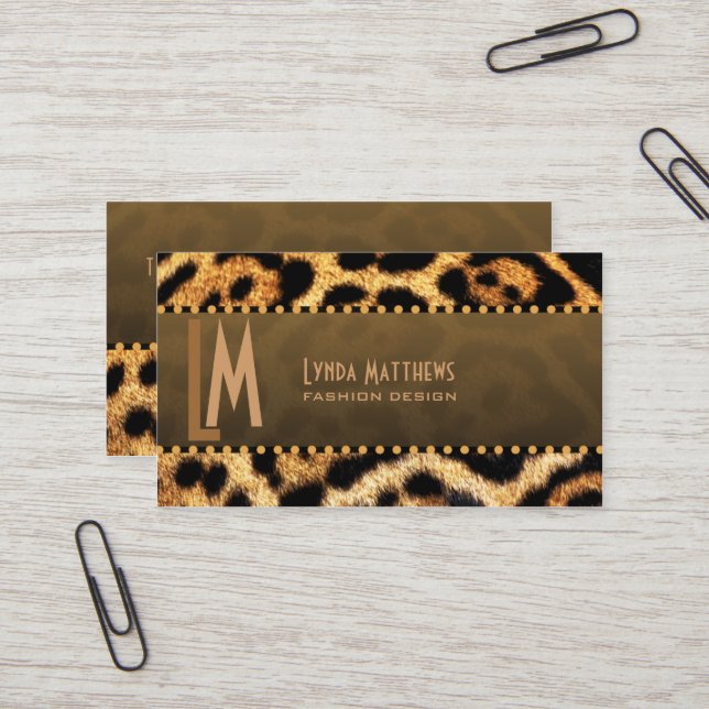 Stylish Leopard Print Monogram Business Card (Front/Back In Situ)