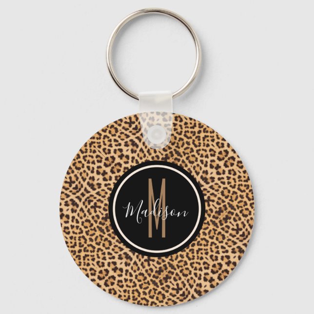 Stylish Leopard Print Monogrammed Script Name Keychain (Front)