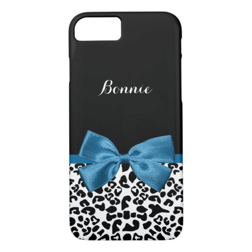 Stylish Leopard Print Name and Fashion Blue Bow iPhone 87 Case