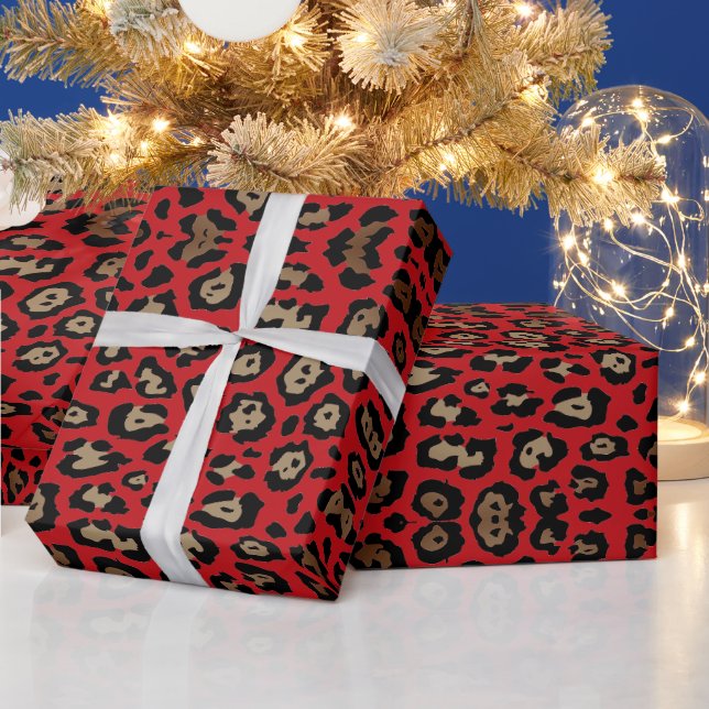 Stylish leopard print pattern brown red glam wrapping paper (Holidays)