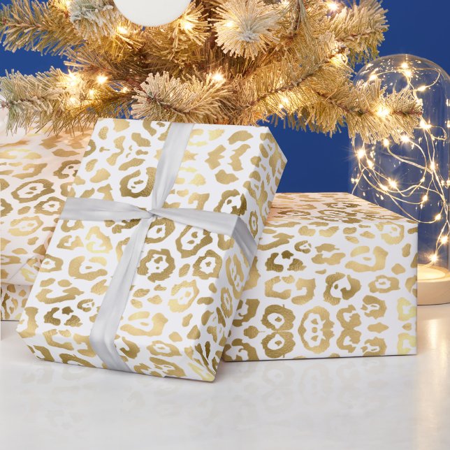 Stylish leopard print pattern gold foil and white wrapping paper (Holidays)