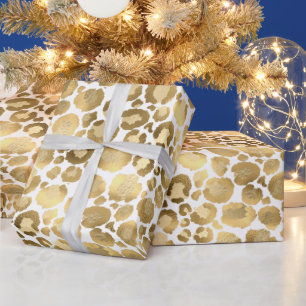 Stylish leopard print pattern gold foil white chic wrapping paper