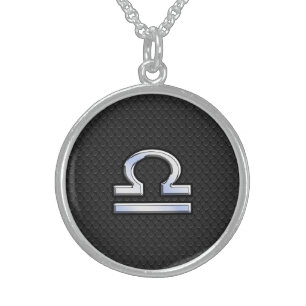 Stylish Libra Zodiac Sign Black Snake Skin Decor Sterling Silver Necklace