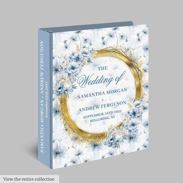 Stylish Light Blue Gold Glitter Wedding Memory  3 Ring Binder (Modern Dusty Blue Watercolor Wedding Album)