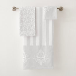 Stylish Light Gray Elegant Damask Pattern Striped Bath Towel Set