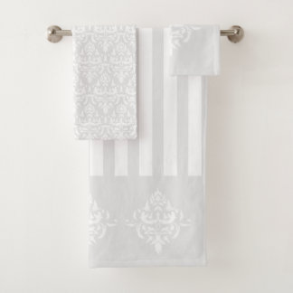 Stylish Light Gray Elegant Damask Pattern Striped Bath Towel Set